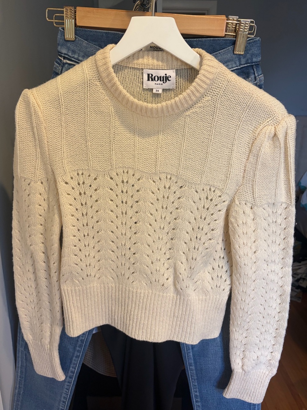 Rouje Off-White Eyelet Knit Crew Sweater